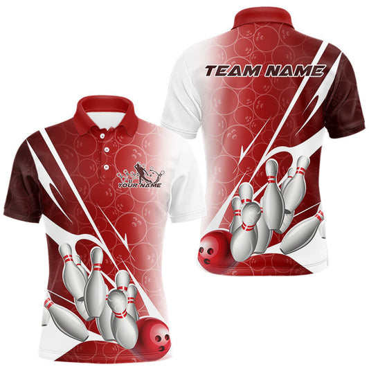 Maxxcorners Custom Red Bowling Pattern Bowling Team Polo Shirts For Men, Red Bowling Jerseys LM1904