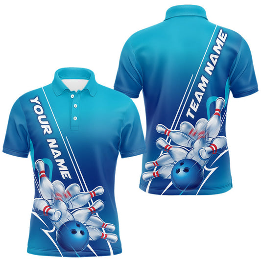 Maxxcorners Custom Blue Bowling Pattern Bowling Team Polo Shirts For Men, Blue Bowling Jerseys LM1904