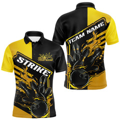 Maxcorners Custom Black And Gold Flame Strike Bowling Polo Shirts For Men, Fire Bowling League Shirt MT1006