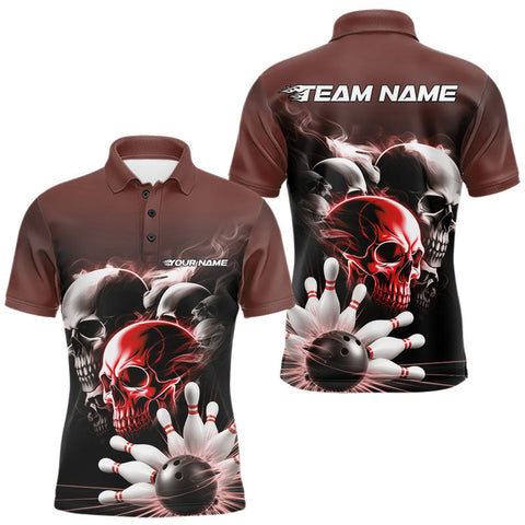 Maxcorners Custom Red Smoke Skull Bowling Polo Shirts For Men, Ghostly Halloween Bowling Outfit TU2107