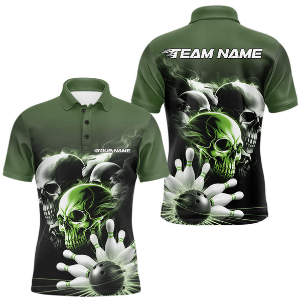 Maxcorners Custom Green Smoke Skull Bowling Polo Shirts For Men, Ghostly Halloween Bowling Outfit TU2107