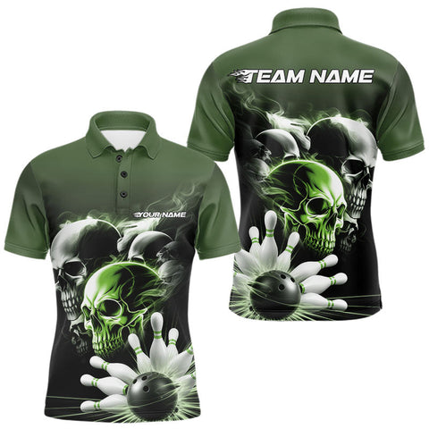 Maxcorners Custom Green Smoke Skull Bowling Polo Shirts For Men, Ghostly Halloween Bowling Outfit TU2107