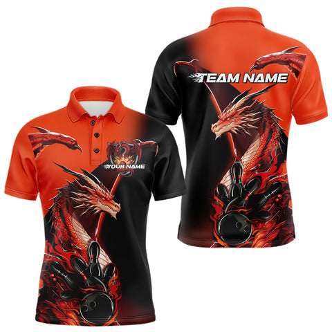 Maxcorners Custom Red Orange Dragon Flame Bowling Polo Shirts For Men, Bowling Tournament Shirt LM0210