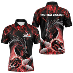 Maxcorners Custom Black And Red Fire Flame Dragon Bowling Polo Shirt For Men, Dragon Bowling Jersey LM1109