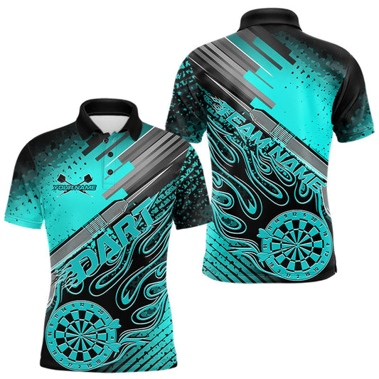 Maxcorners Custom Black And Turquoise Blue Flame Dartboard Dart Polo Shirts For Men, Dart Uniform LM1903