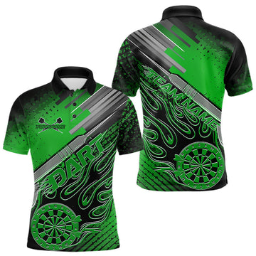 Maxcorners Custom Black And Irish Green Flame Dartboard Dart Polo Shirts For Men, Dart Uniform LM1903
