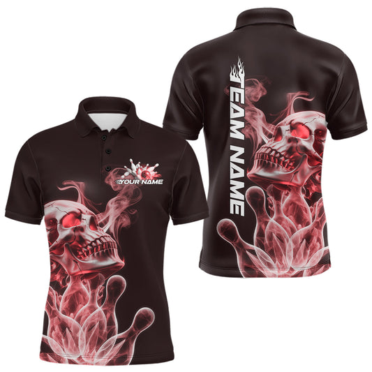 Maxcorners Custom Red Flame Smoke Skull Bowling Polo Shirts For Men, Halloween Bowling Outfit LM1203