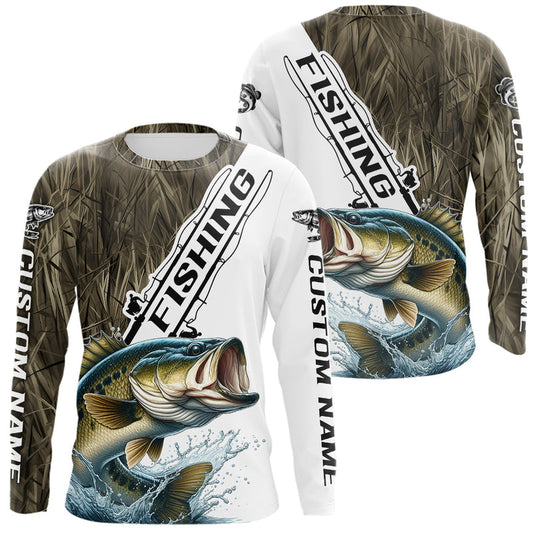 Maxcorners Custom Name Grass Camo Largemouth Bass Long Sleeve Tournament Fishing Shirt 
 LM0201