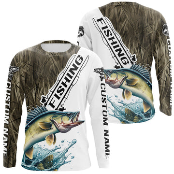 Maxcorners Custom Name Grass Camo Walleye Long Sleeve Tournament Fishing Shirt LM0201