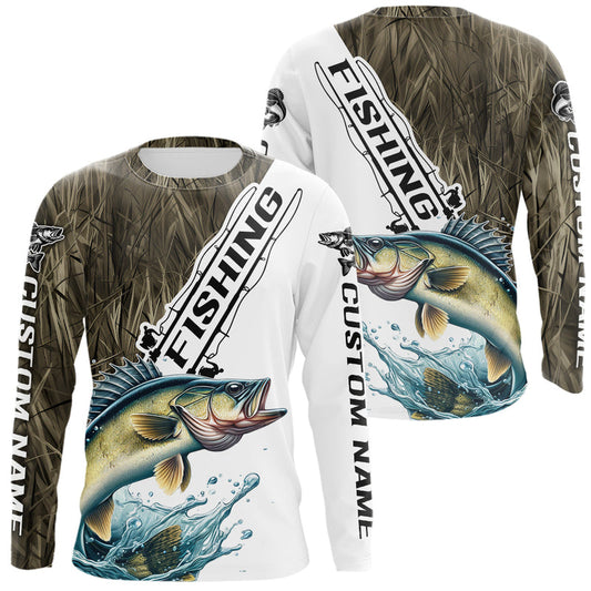 Maxcorners Custom Name Grass Camo Walleye Long Sleeve Tournament Fishing Shirt LM0201