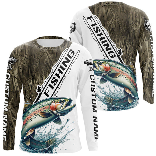 Maxcorners Custom Name Grass Camo Rainbow Trout Long Sleeve Tournament Fishing Shirt 
 LM0201