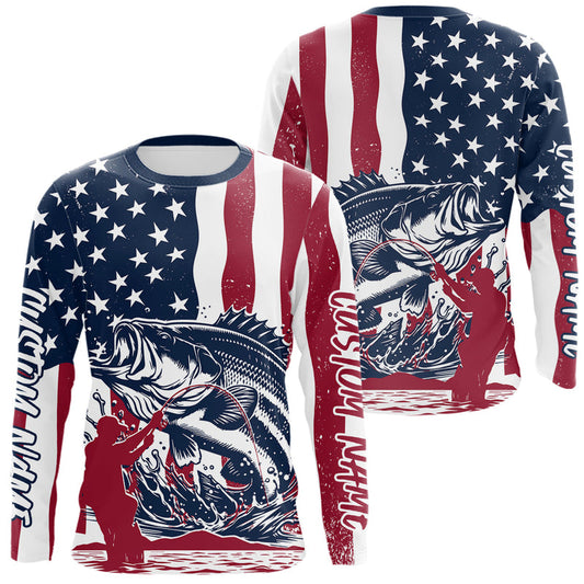 Maxcorners Custom Patriotic Largemouth Bass Long Sleeve Fishing Shirt, American Flag Fishing Jerseys LM0201