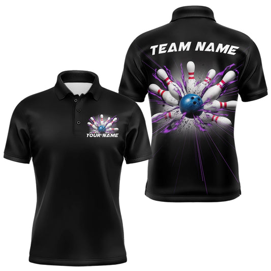 Maxcorners Custom Blue And Purple Bowling Team Polo Shirts For Men, Bowling League Shirt LM1904