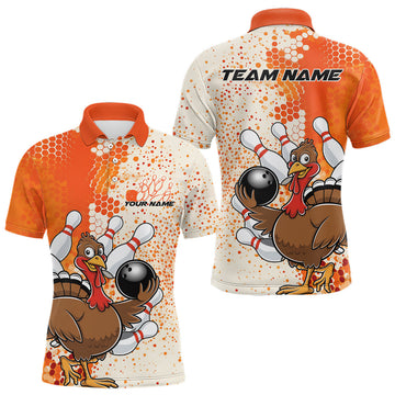 Maxcorners Custom Funny Orange Thanksgiving Turkey Bowling Team Men Polo Shirts, Bowling Jerseys LM2608