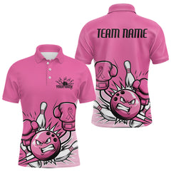 Maxcorners Custom Funny Pink Breast Cancer Bowling Men Polo Shirt, Breast Cancer Fighter Jerseys LM3006