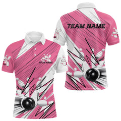 Maxcorners Custom White And Pink Bowling Team Men Polo Shirts, Bowling Ball And Pins Jerseys LM0803