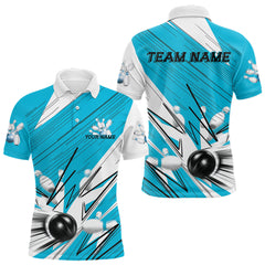 Maxcorners Custom White And Blue Bowling Team Men Polo Shirts, Bowling Ball And Pins Jerseys LM0803