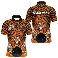 Maxcorners Custom Black And Orange Tiger Print Bowling Polo Team Shirts For Men, Bowling Jerseys LM1605
