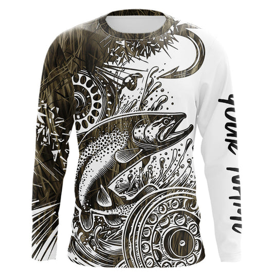 Maxcorners Custom Grass Camo Pattern Trout Fly Fishing Long Sleeve Tournament Shirt, Trout Flyfishing Shirt 
 LM0201