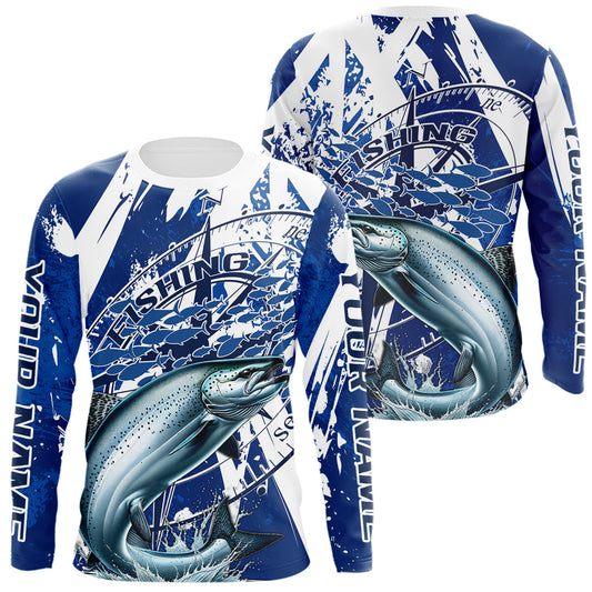 Maxcorners Custom Blue Camo Chinook King Salmon Saltwater Fishing Long Sleeve Performance Fishing Shirts LM0201