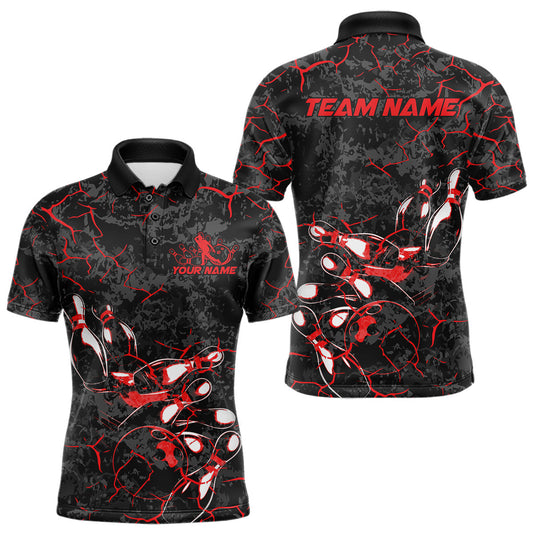 Maxcorners Custom Black And Red Camo Bowling Team Polo Shirts For Men, Bowling League Shirt LM1904