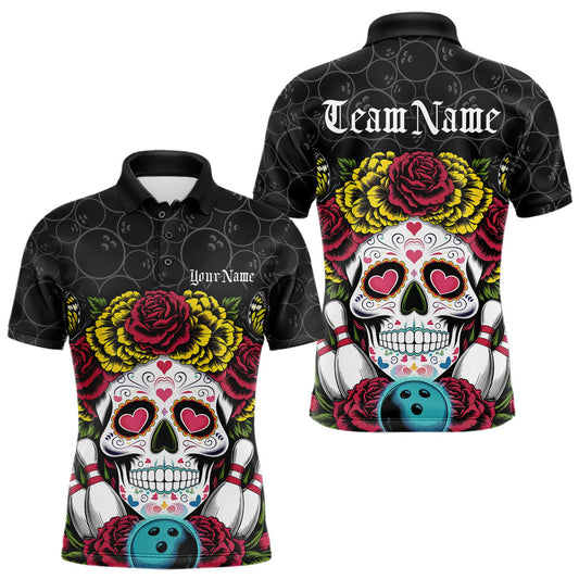 Maxcorners Custom Flower Skull Bowling Team Polo Shirts For Men, Halloween Bowler Outfit LM1203