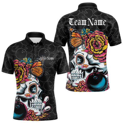 Maxcorners Custom Colorful Sugar Skull Bowling Team Polo Shirts For Men, Halloween Bowler Outfit LM3010