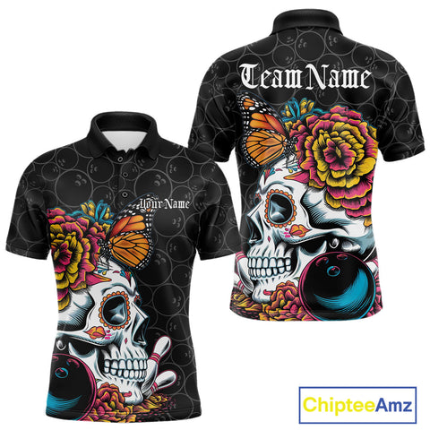 Maxcorners Custom Colorful Sugar Skull Bowling Team Polo Shirts For Men, Halloween Bowler Outfit TU1908