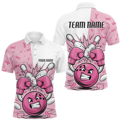 Maxcorners Custom Funny Pink Breast Cancer Bowling Men Polo Shirt, Breast Cancer Fighter Jerseys LM3006