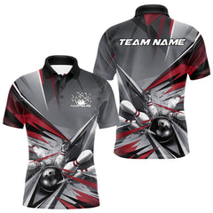 Maxcorners Custom Red And Gray Bowling Polo Team Shirts For Men, Bowler Outfit Bowling League Shirt LM2707