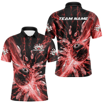 Maxcorners Custom Red Thunder Lightning Bowling Team Men Polo Shirts, Bowling Jerseys LM1203