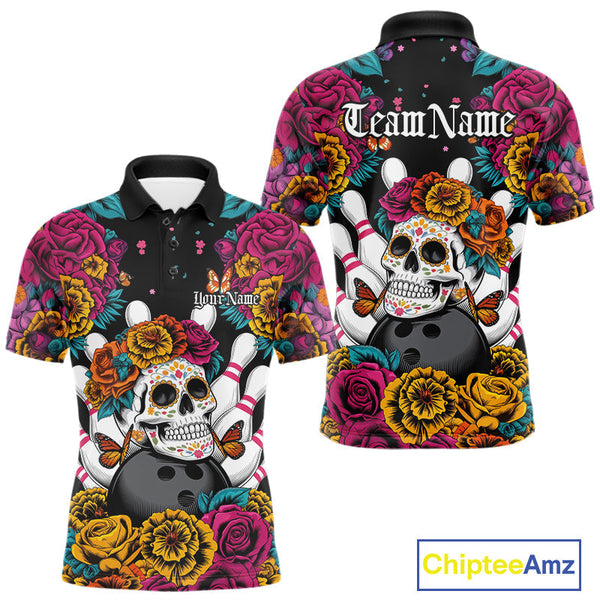 Maxcorners Custom Flower Sugar Skull Bowling Team Polo Shirts For Men, Halloween Bowler Outfit TU1908