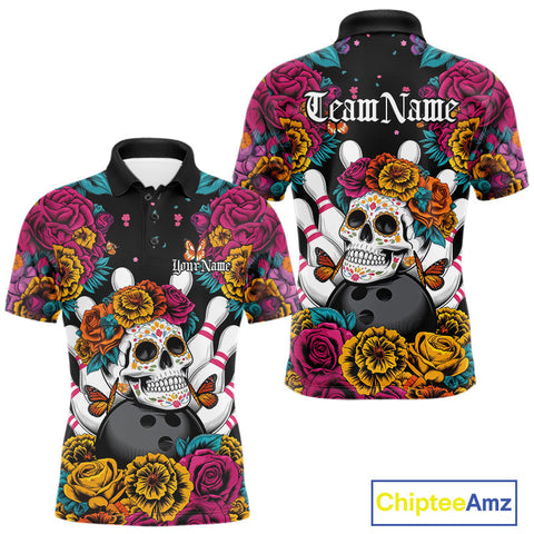 Maxcorners Custom Flower Sugar Skull Bowling Team Polo Shirts For Men, Halloween Bowler Outfit TU1908