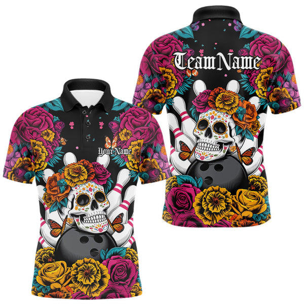 Maxcorners Custom Flower Sugar Skull Bowling Team Polo Shirts For Men, Halloween Bowler Outfit LM3010