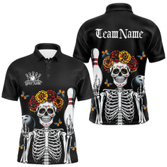 Maxcorners Custom Sugar Skull Bowling Team Men Polo Shirts, Funny Halloween Bowling Outfit TU1908