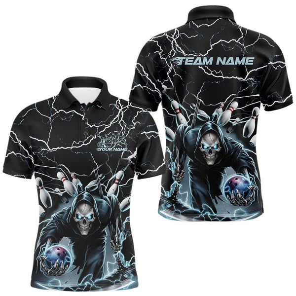 Maxcorners Custom Black And Blue Lightning Grim Reaper Bowling Men Polo Shirt, Halloween Outfit MT0609