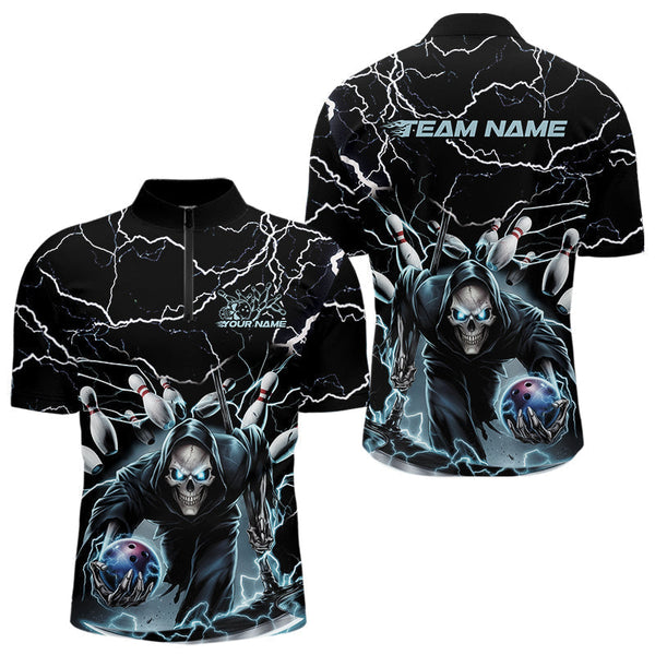 Maxcorners Custom Black And Blue Lightning Grim Reaper Bowling Men Polo Shirt, Halloween Outfit MT0609