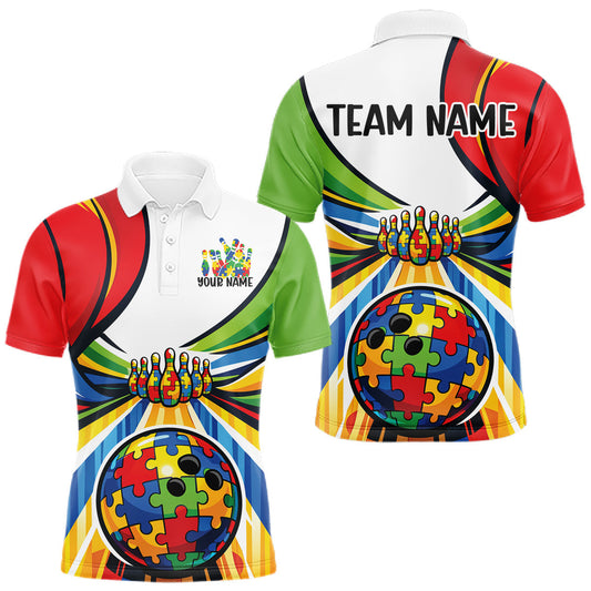 Maxcorners Custom Autism Awareness Bowling Men Polo Shirts, Colorful Puzzles Bowling Team Shirt