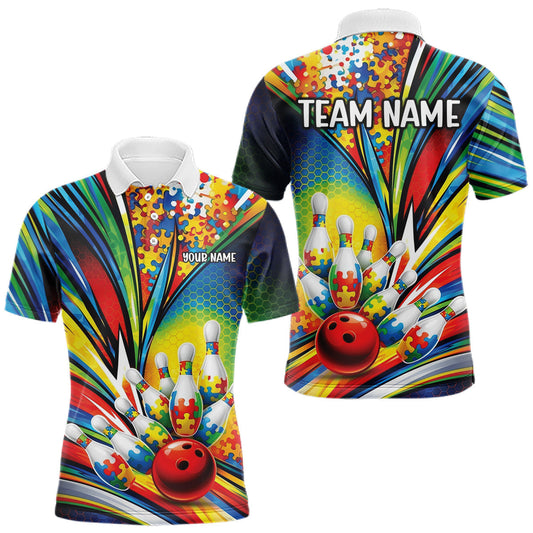 Maxcorners Custom Colorful Autism Awareness Butterfly Ribbon Bowling Men Shirt, Puzzles Jersey 2 LM1104