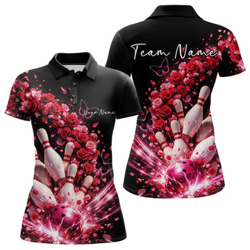 Custom Red Roses And Butterfly Women Bowling Shirt, Flower Ladies Bowling League Shirt LM1203