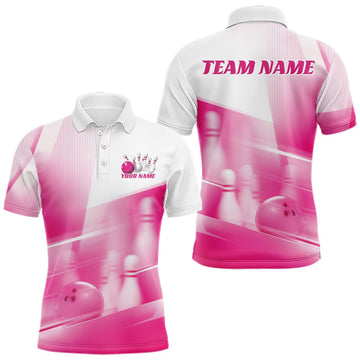 Maxcorners Custom White And Pink Bowling Ball And Pins Team Polo Shirt For Men, Bowling Jerseys, Team Jersey Polo & Quarter Zip LM2607
