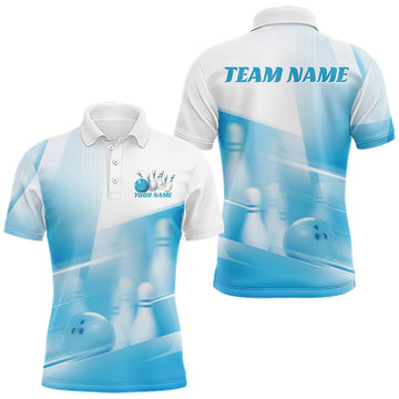 Maxcorners Custom White And Blue Bowling Ball And Pins Team Polo Shirt For Men, Bowling Jerseys, Team Jersey Polo & Quarter Zip LM2607
