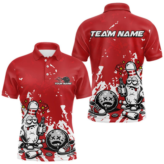 Maxcorners Red Custom Drunk Bowling Ball And Pin Funny Men Polo Shirt, Bowling And Beer Jersey