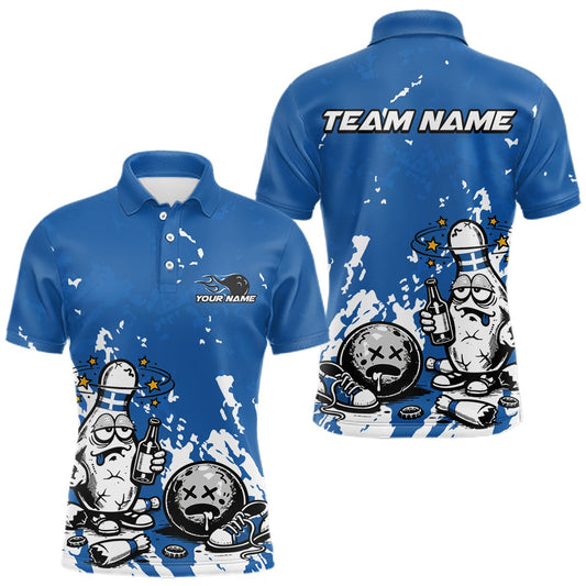 Maxcorners Blue Custom Drunk Bowling Ball And Pin Funny Men Polo Shirt, Bowling And Beer Jersey