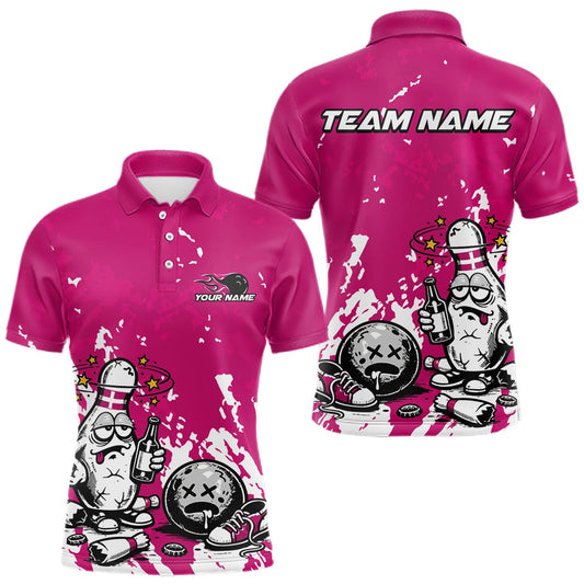 Maxcorners Pink Custom Drunk Bowling Ball And Pin Funny Men Polo Shirt, Bowling And Beer Jersey