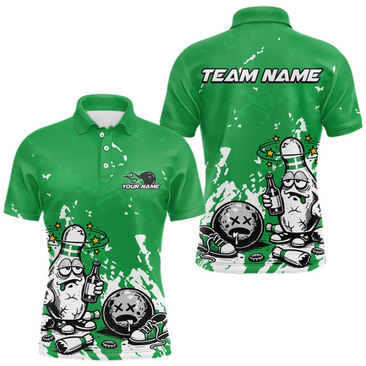 Maxcorners Green Custom Drunk Bowling Ball And Pin Funny Men Polo Shirt, Bowling And Beer Jersey