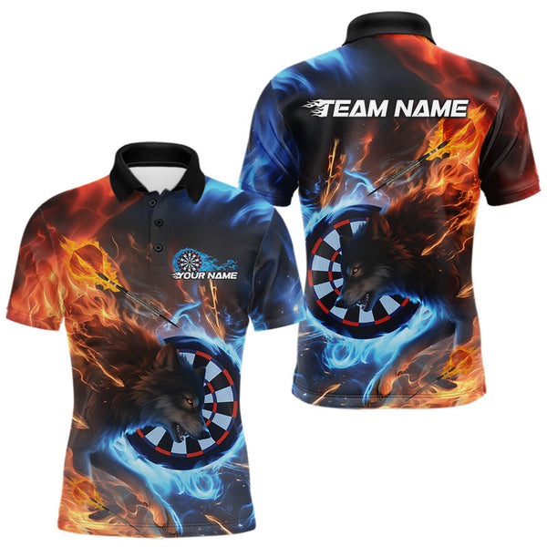 Maxcorners Custom Orange And Blue Smoke Flame Wolf Dart Team Men Polo Shirts, Fire Dart Jerseys MT1110