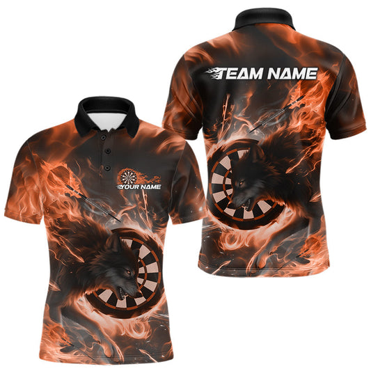 Maxcorners Custom Orange Fire Flame Dart Wolf Men Polo Shirts, Dart League Shirt Team Jerseys LM0404