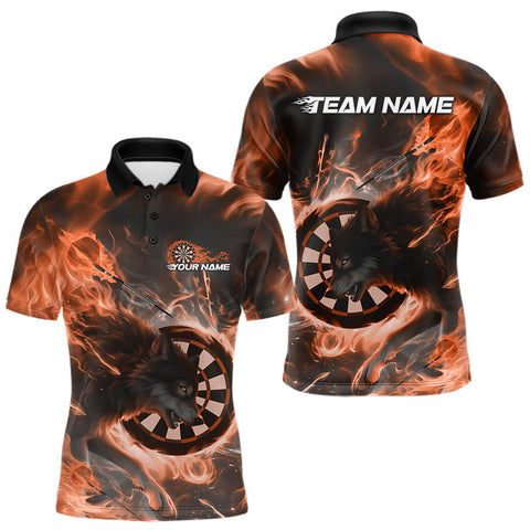 Maxcorners Custom Orange Fire Flame Dart Wolf Men Polo Shirts, Dart League Shirt Team Jerseys MT1110