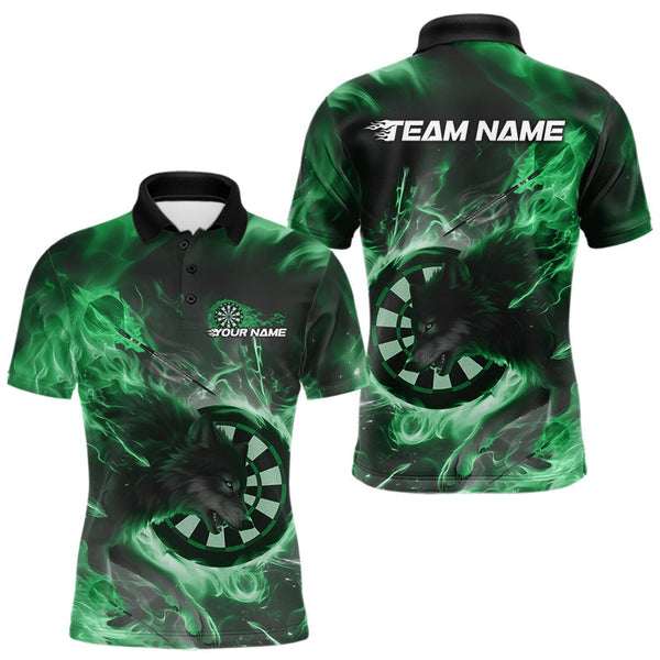 Maxcorners Custom Green Fire Flame Dart Wolf Men Polo Shirts, Dart League Shirt Team Jerseys MT1110